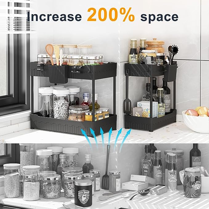 2 Pack Under Sink Organizers and Storage,Under Bathroom Cabinet Organizer with Hooks Hanging Cup,Multi-Purpose Storage Shelf for Kitchen Bathroom - Image 3
