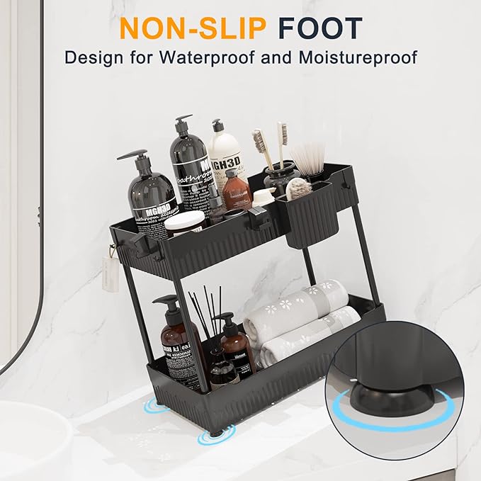 2 Pack Under Sink Organizers and Storage,Under Bathroom Cabinet Organizer with Hooks Hanging Cup,Multi-Purpose Storage Shelf for Kitchen Bathroom - Image 5