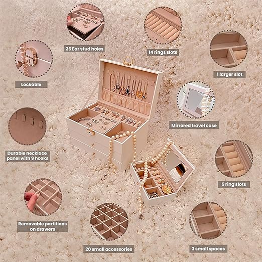 3 Layer Jewelry Organizer with Travel Jewelry Case - Jewelry Box with 2 Drawers - Large Jewelry Boxes for Women - Luxury Lockable Jewelry Holder Organizer - Gifts for Women - Image 4