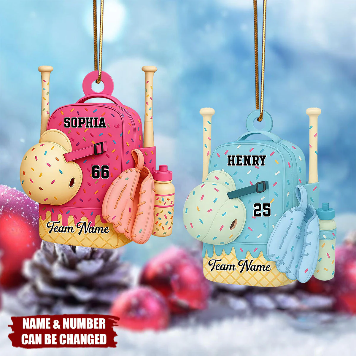 3D Effect Ice Cream Drip Sprinkles Baseball Softball Bag Backpack - Personalized Acrylic Ornament - Image 2