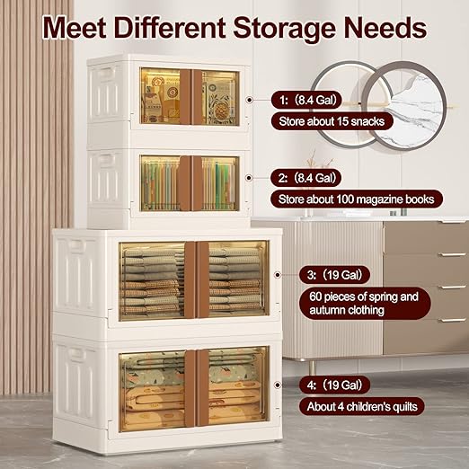 4 Pack Closet Organizers and Storage - 19 Gallon Collapsible Storage Bins with Door and Lids, Stackable storage containers for Clothing, Books, Bedding and Toys. - Image 5