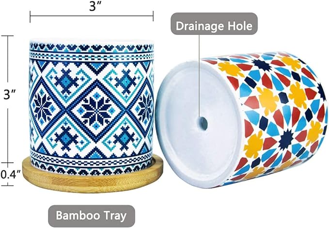 6 Pack Mandala Succulent Plant Pot with Bamboo Trays, Ceramic Multicolored Succulent Container Planter Pot for Small Plant - Image 4