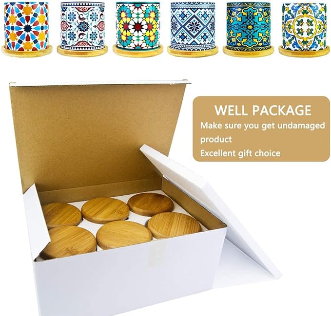 6 Pack Mandala Succulent Plant Pot with Bamboo Trays, Ceramic Multicolored Succulent Container Planter Pot for Small Plant - Image 6
