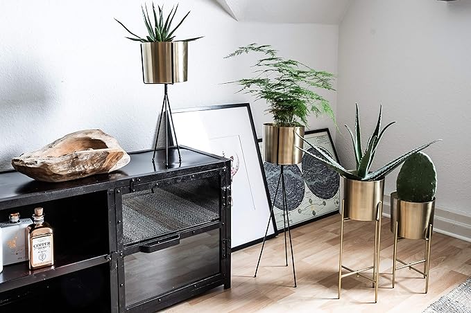 babyyoyaya Set 2 Brass Gold Planters with Stand, 7 Inch Diameter Planter Pots with Stands, Modern Flower Pot, Mid Century Living Room Decor for Orchid, Aloe, Large Cactus Plants, 7 Inches Diameter - Image 2
