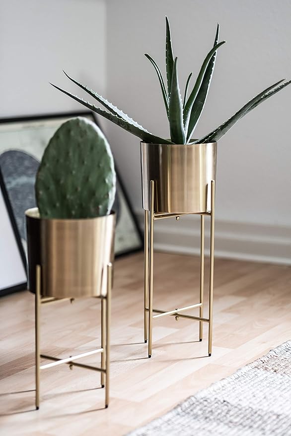 babyyoyaya Set 2 Brass Gold Planters with Stand, 7 Inch Diameter Planter Pots with Stands, Modern Flower Pot, Mid Century Living Room Decor for Orchid, Aloe, Large Cactus Plants, 7 Inches Diameter - Image 5