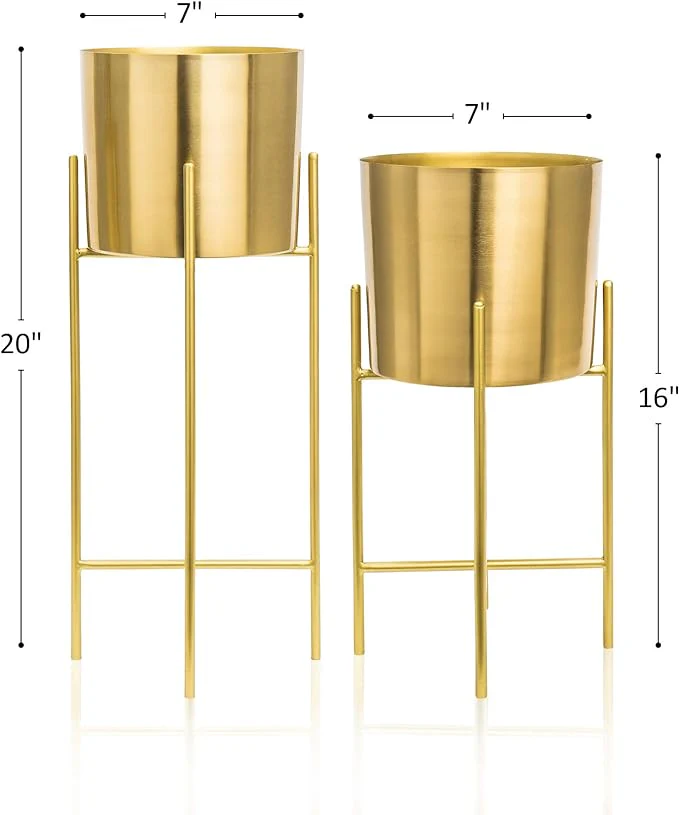 babyyoyaya Set 2 Brass Gold Planters with Stand, 7 Inch Diameter Planter Pots with Stands, Modern Flower Pot, Mid Century Living Room Decor for Orchid, Aloe, Large Cactus Plants, 7 Inches Diameter - Image 6