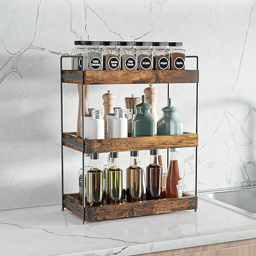 Bathroom Organizer Countertop, 3 Tier Wood Spice Rack Organizer for Kitchen Counter, Vanity Skincare Organizers Shelf for Bathroom Storage Organization, Rustic Brown - Image 3