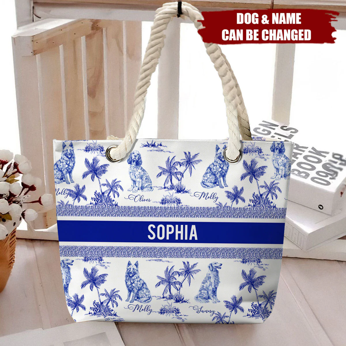 Dog Mom Toile De Jouy Summer French Style - Personalized Beach Bag - Image 4
