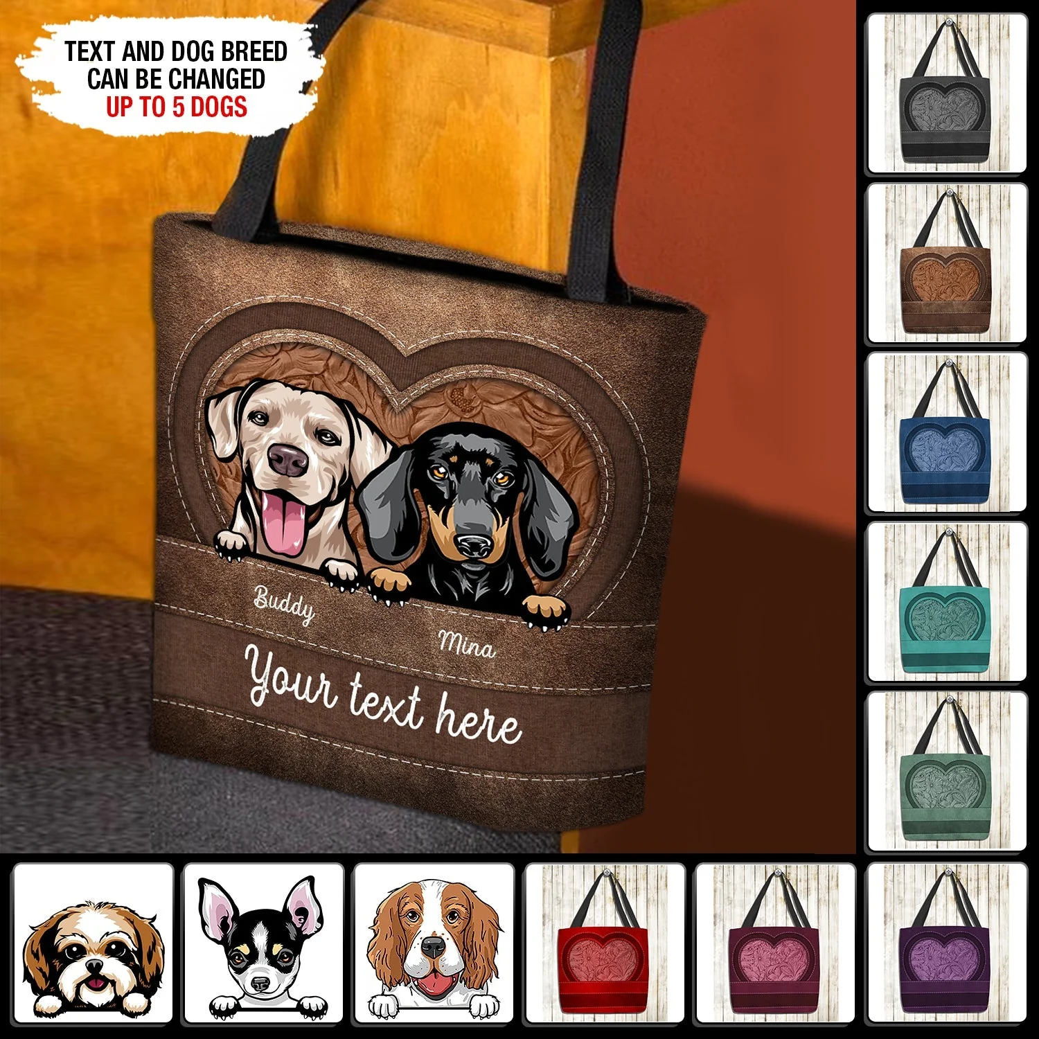 Heart Shape Colorful Dog Personalized All Over Tote Bag, Personalized Gift for Dog Lovers, Dog Dad, Dog Mom - TO150PS02 - Image 2