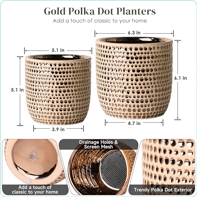 Gold Planters for Indoor Plants Flower, 2 Pack 6/5 Inch Ceramic Houseplant Pots with Drainage Hole, Stopper, Foam Pads Perfect for Home Decor, Holidays and Birthday Gifts - Image 5