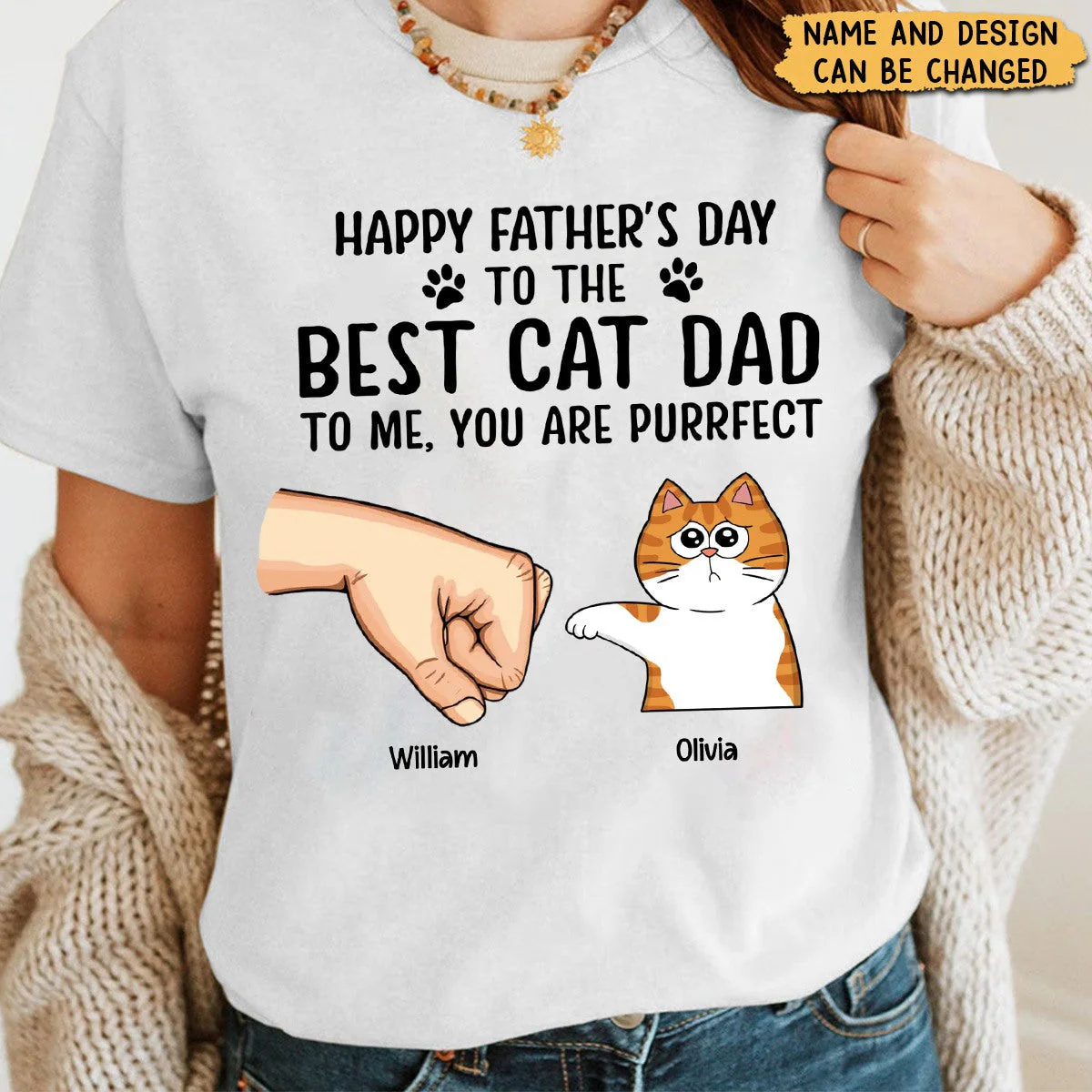 Happy Father's Day To The Best Cat Dad Fist Bump Funny Cute Cats - Personalized T-Shirt - Image 2