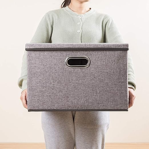 Large Collapsible Storage Bins with Lids [3-Pack] Linen Fabric Foldable Storage Boxes Organizer Containers Baskets Cube with Cover for Home Bedroom Closet Office Nursery (17.7x11.8x11.8) - Image 3