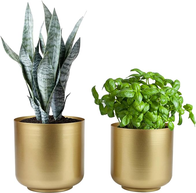 Large Gold Planters Metal Aloe Brass-Tone Plant Pots Indoor Decorative Flower Pots with Drain Holes - Image 7