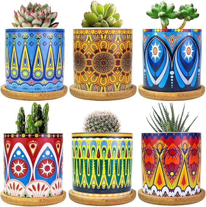 Mandala Succulent Pot with Drainage Hole & Bamboo Coaster, Small Plant Pots, Bohemian Ceramic Succulent Planter Pot for Small Plant-6 Pack - Image 3