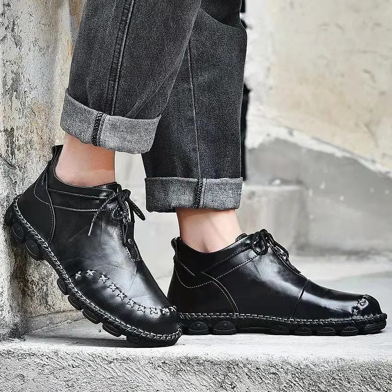 Mens Hand Stitching Non-Slip Soft Sole Genuine Leather Ankle Chukka Boots - Image 4