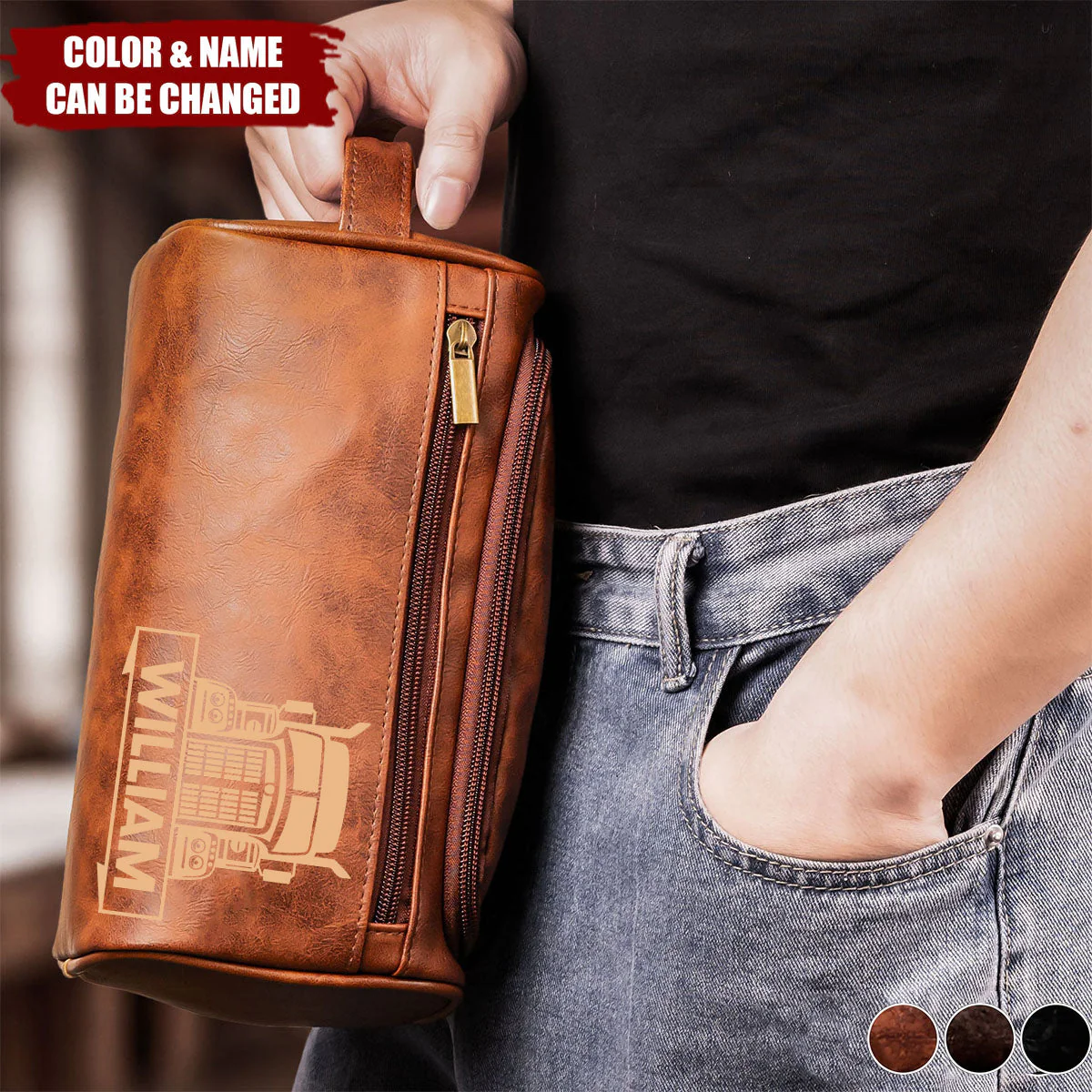 Personalized Gifts For Semi Truck Lovers Leather Toiletry Bag - Image 2