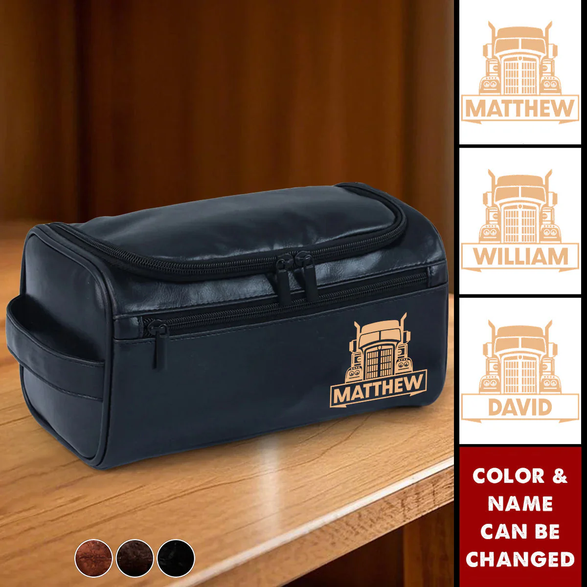 Personalized Gifts For Semi Truck Lovers Leather Toiletry Bag - Image 3