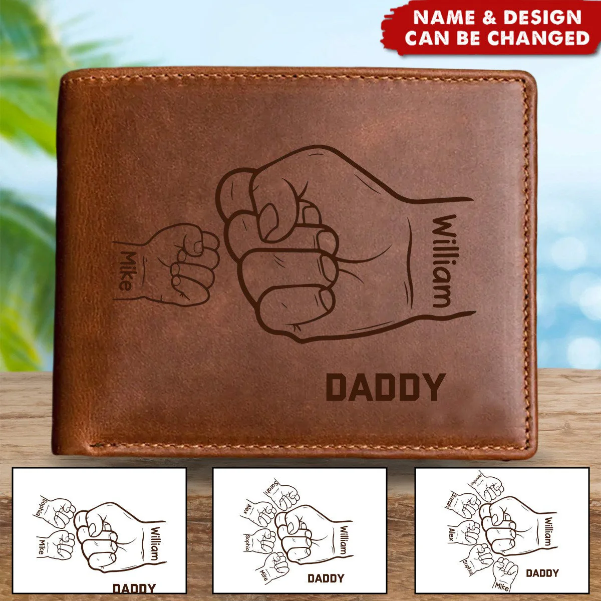 Personalized Hands Clenched Custom Father & Kid Names Gift for Dad Laser Leather Wallet - Image 2
