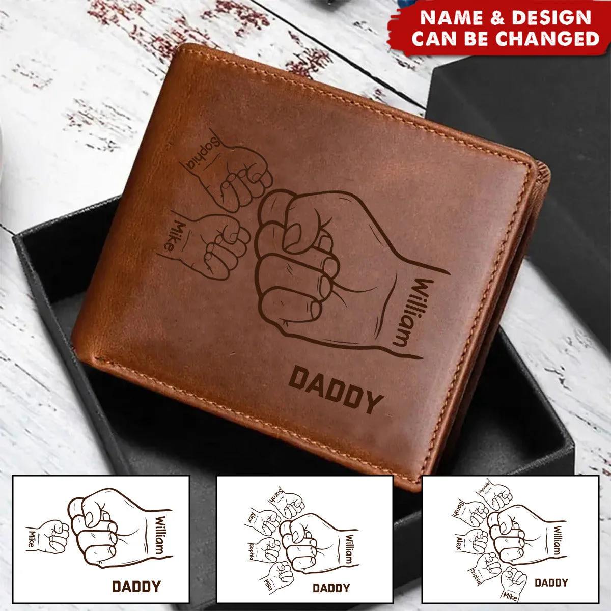 Personalized Hands Clenched Custom Father & Kid Names Gift for Dad Laser Leather Wallet - Image 3