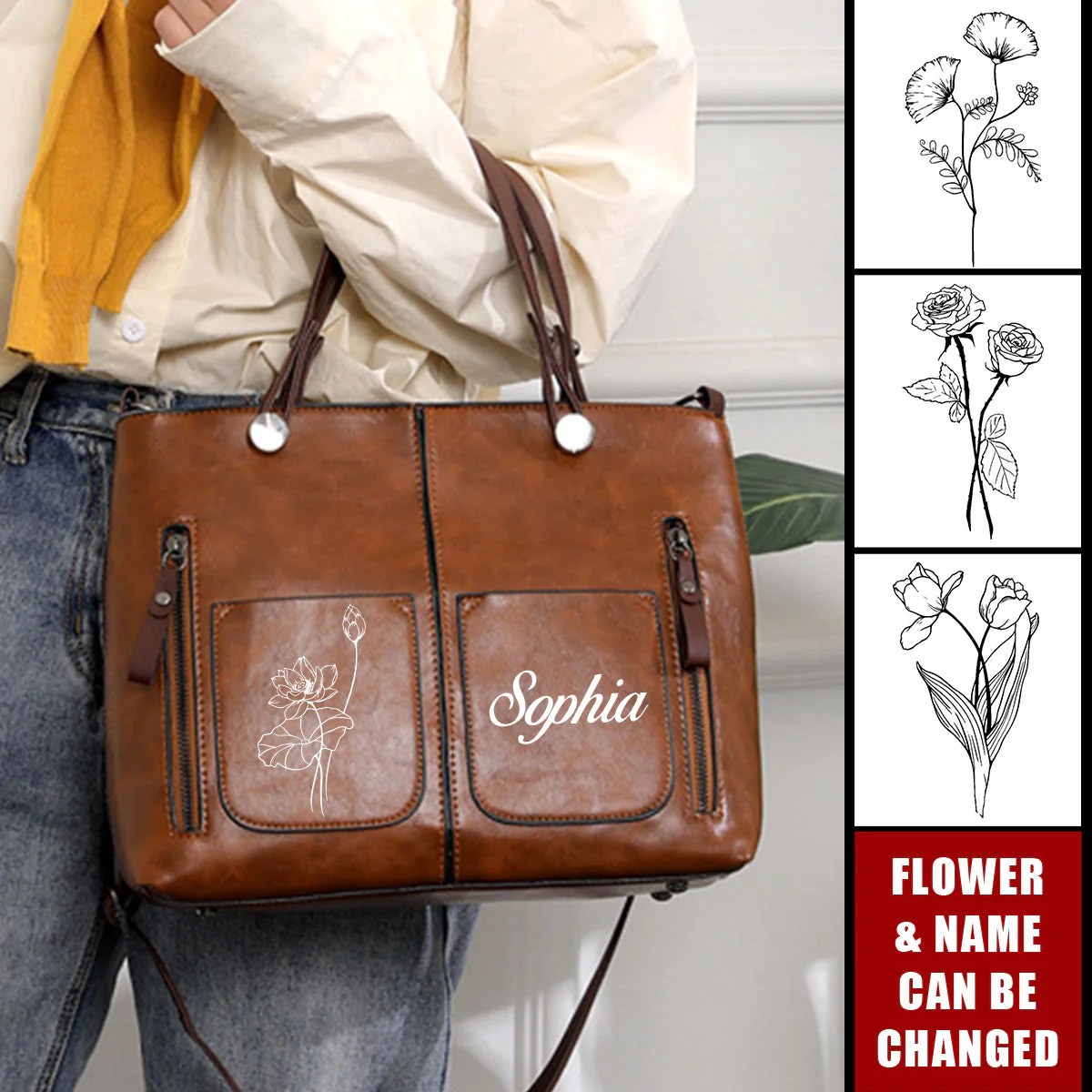 Personalized Name Birthday Flower Leather Hobo Shoulder Bag Crossbody Handbag - Image 2