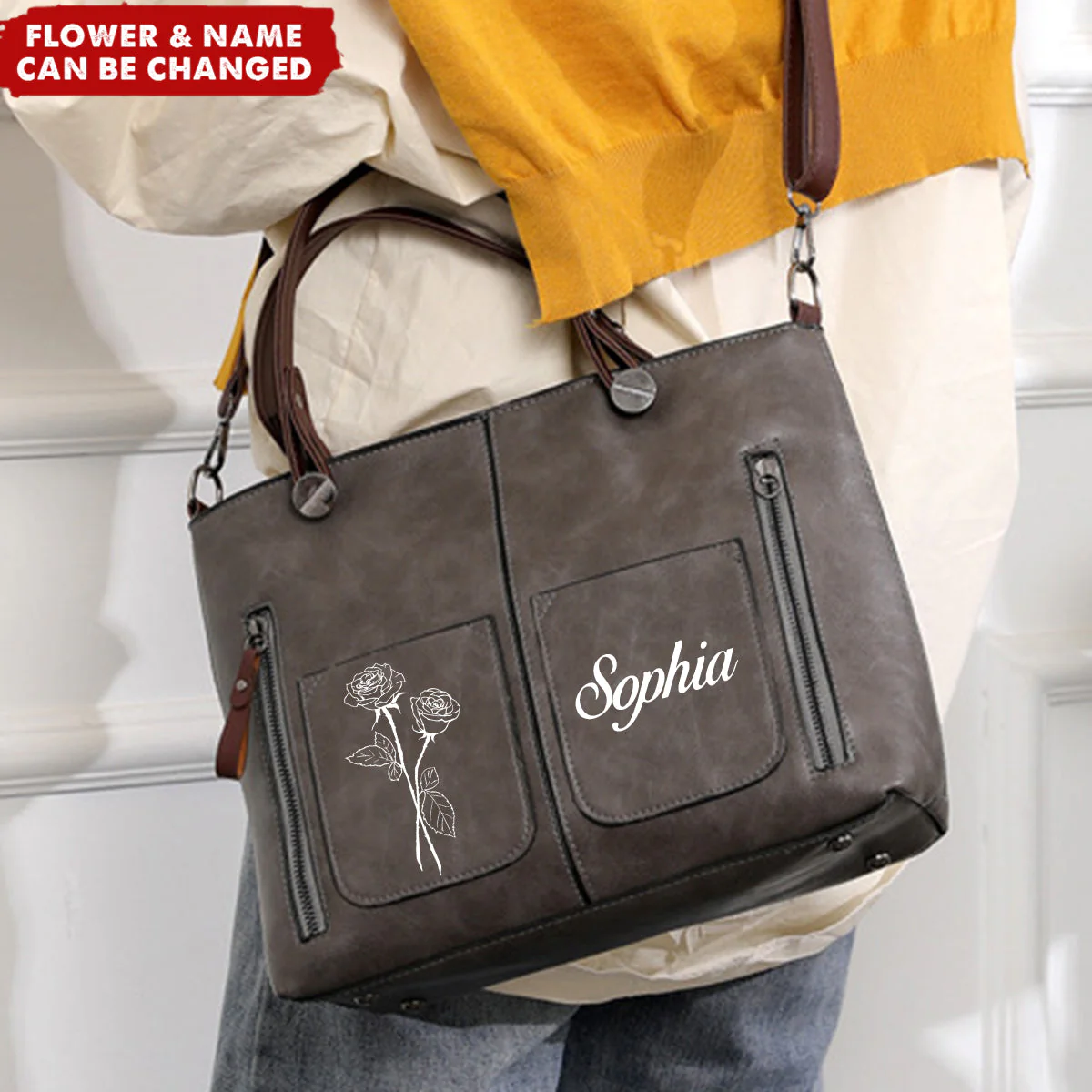 Personalized Name Birthday Flower Leather Hobo Shoulder Bag Crossbody Handbag - Image 3