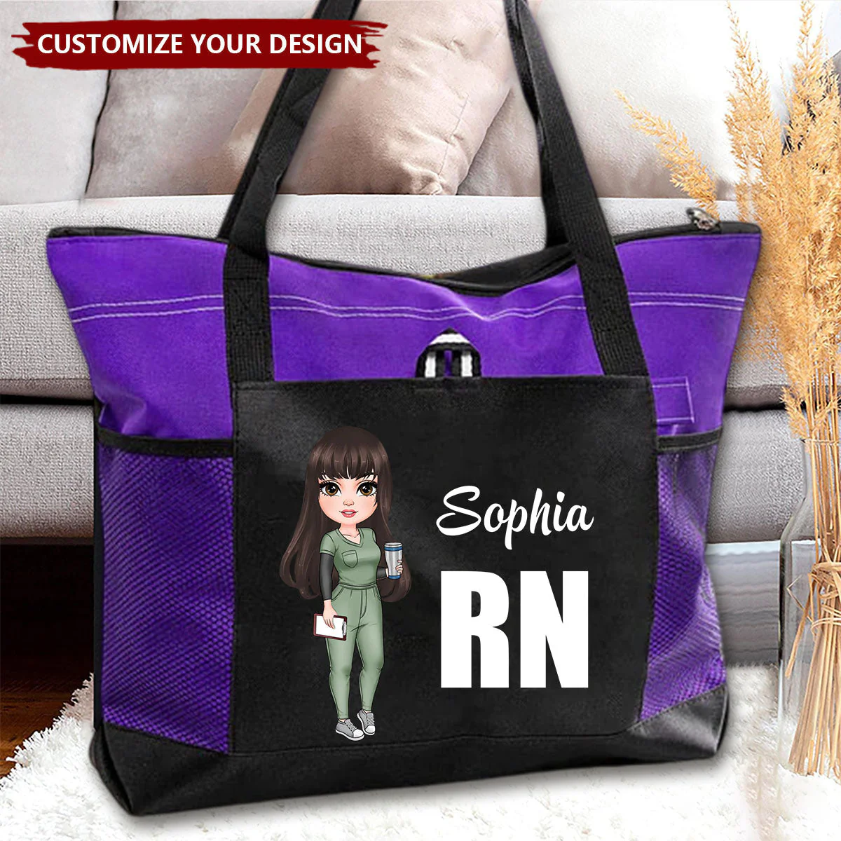 Personalized Nurse Cartoon Character Large Oxford Tote Bag Gift For Nurse - Image 2