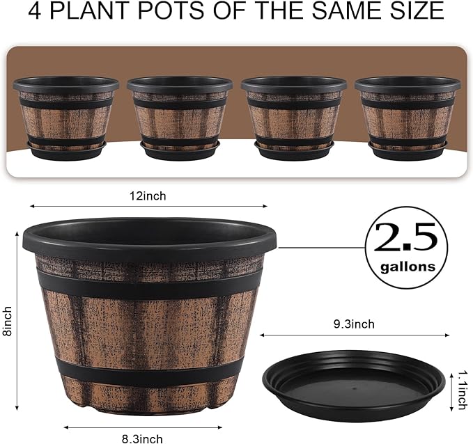 Plant Pots Set of 4 Pack 12 inch,Large Whiskey Barrel Planters with Drainage Holes & Saucer.Plastic Flower Pots Imitation Wine Barrel Design,Canbe for Indoor & Outdoor Garden Home Plants ( Brown) - Image 3