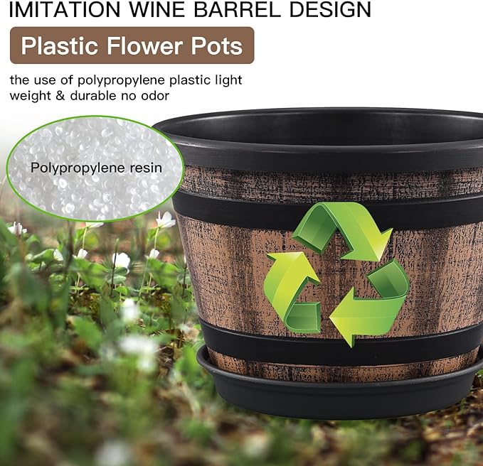 Plant Pots Set of 4 Pack 12 inch,Large Whiskey Barrel Planters with Drainage Holes & Saucer.Plastic Flower Pots Imitation Wine Barrel Design,Canbe for Indoor & Outdoor Garden Home Plants ( Brown) - Image 4