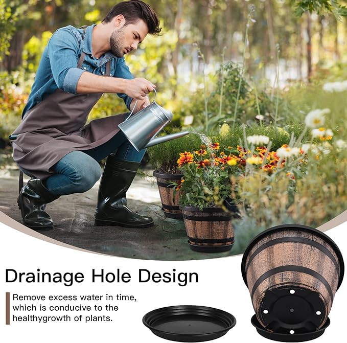 Plant Pots Set of 4 Pack 12 inch,Large Whiskey Barrel Planters with Drainage Holes & Saucer.Plastic Flower Pots Imitation Wine Barrel Design,Canbe for Indoor & Outdoor Garden Home Plants ( Brown) - Image 5