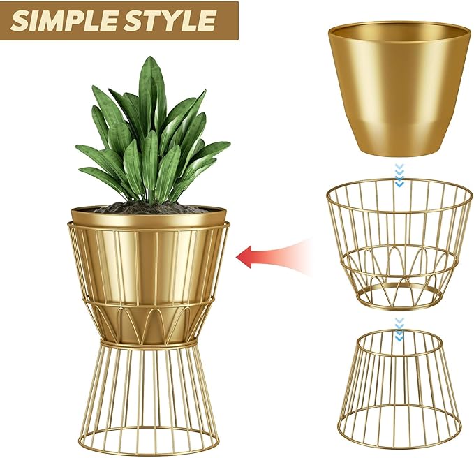 Planter with Stand Gold Metal Plant Pot with Stand - 12 Inch Unique Modern Flower Pots Indoor with Gold Plant Stand with Drainage, 2 Pack - Image 6