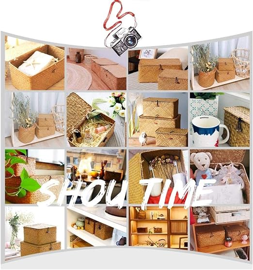 Rectangular Storage Basket with Lid Handmade Seagrass Rattan Woven Natural Box for Clothes Books and Shelves Multifunctional Makeup Organizer Set of 3 Shelf Basket - Image 4