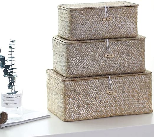 Rectangular Storage Basket with Lid Handmade Seagrass Rattan Woven Natural Box for Clothes Books and Shelves Multifunctional Makeup Organizer Set of 3 Shelf Basket - Image 7