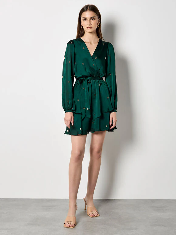 Sequin Spot Satin Wrap Mini Dress - Image 2