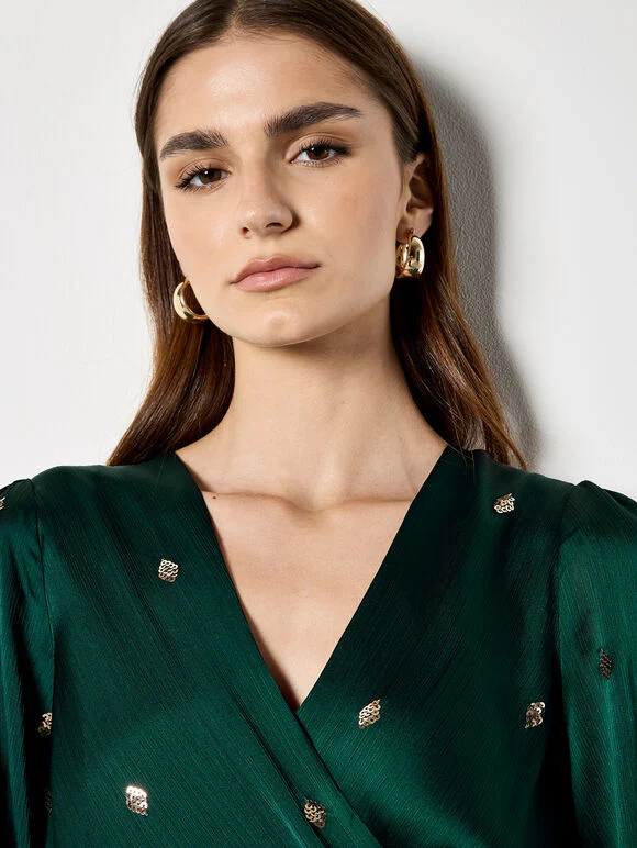 Sequin Spot Satin Wrap Mini Dress - Image 3