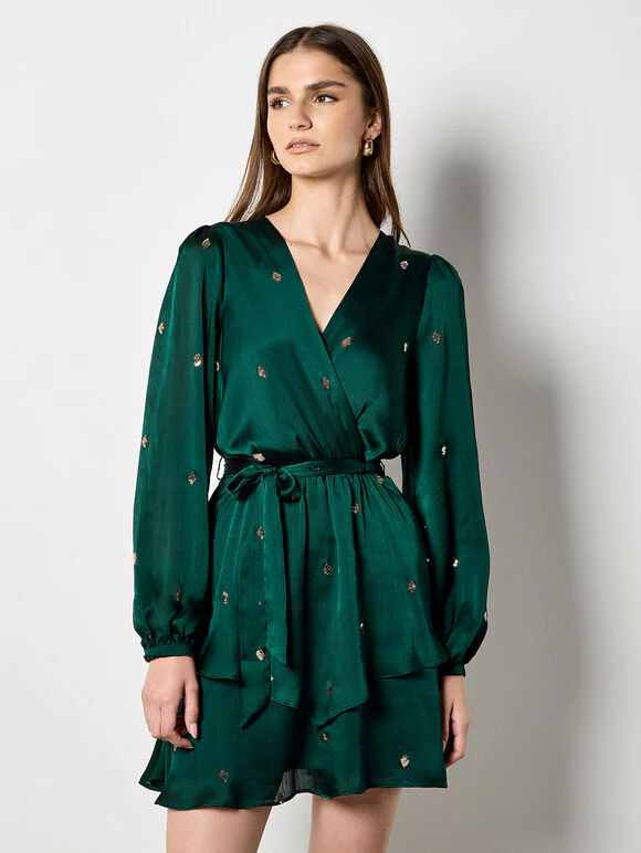 Sequin Spot Satin Wrap Mini Dress - Image 4