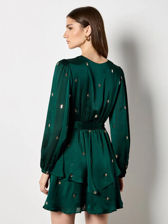Sequin Spot Satin Wrap Mini Dress - Image 5