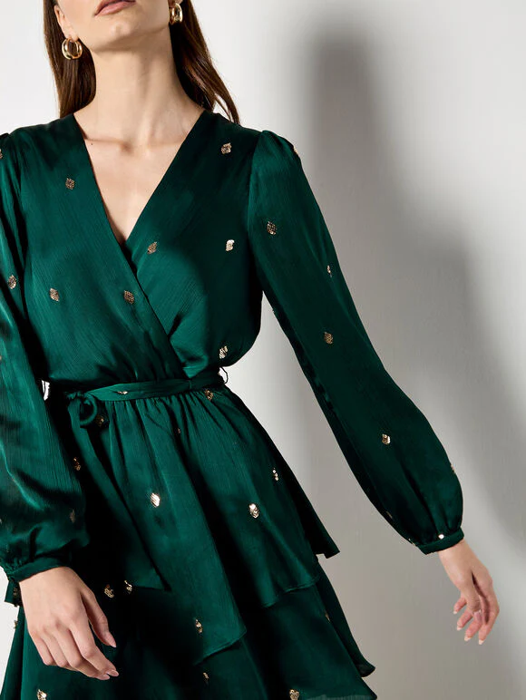 Sequin Spot Satin Wrap Mini Dress - Image 6