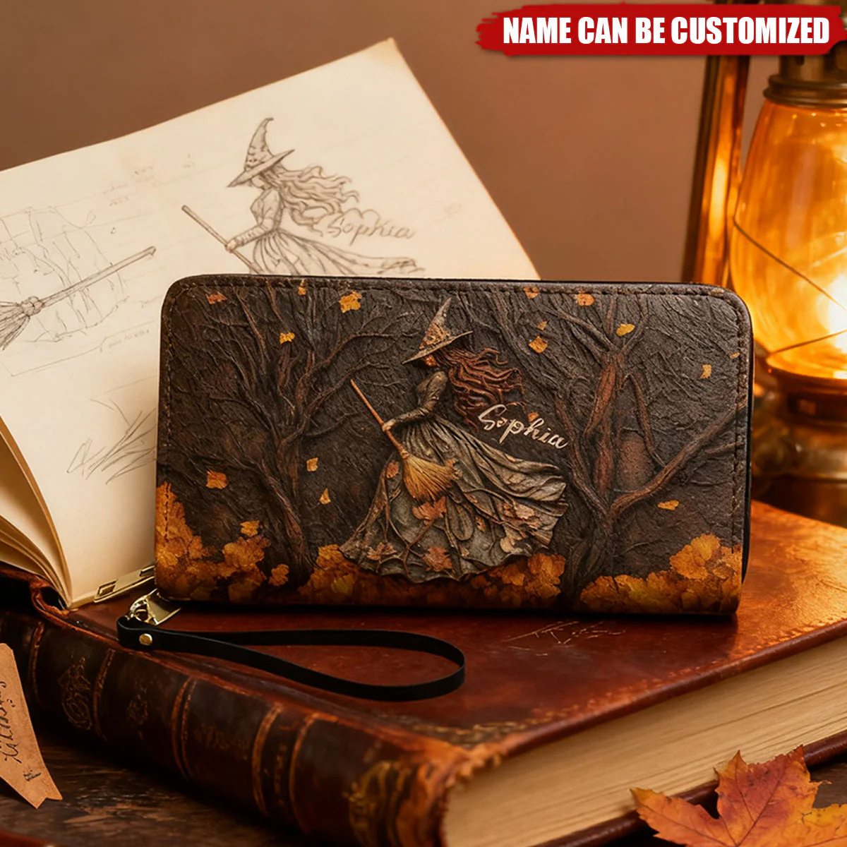 Spooky Witch Art Print - Personalized Leather Long Wallet - Image 2