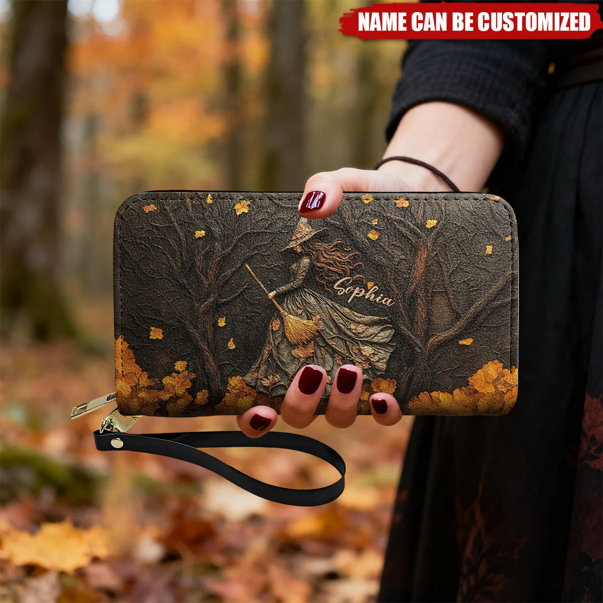 Spooky Witch Art Print - Personalized Leather Long Wallet - Image 3