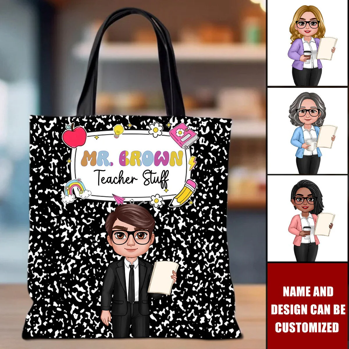 Teacher Composition Book Pattern Personalized Tote Bag, Back To School Gift For Teacher - Image 2