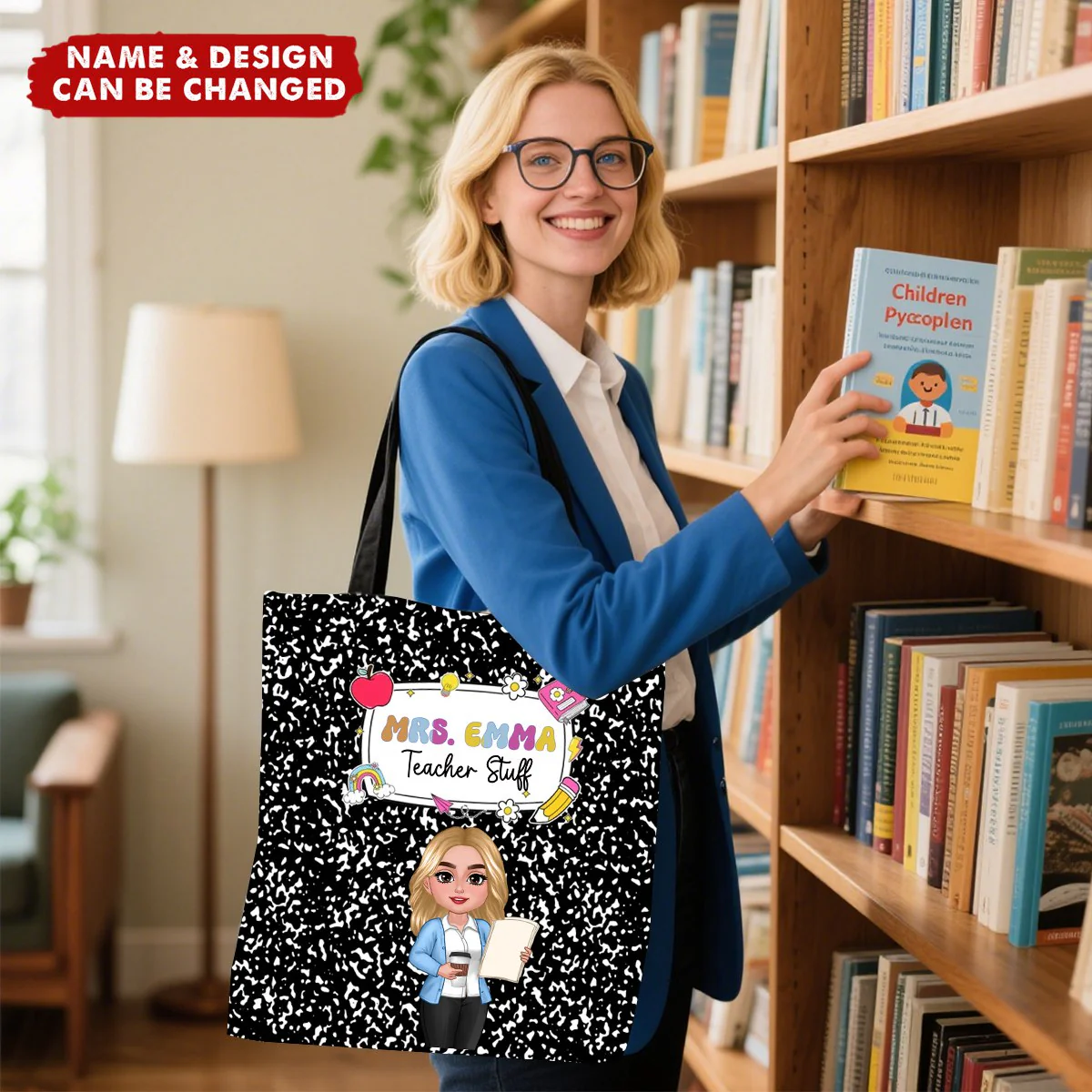 Teacher Composition Book Pattern Personalized Tote Bag, Back To School Gift For Teacher - Image 3