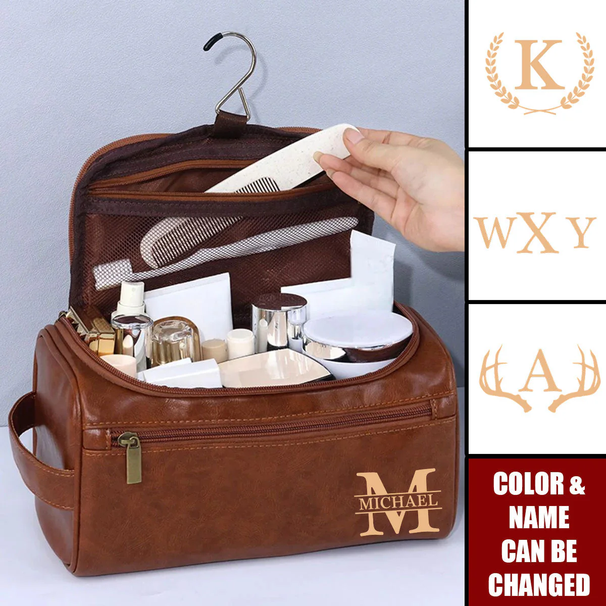 Vintage Monogram - Personalized Leather Toiletry Bag - Image 2