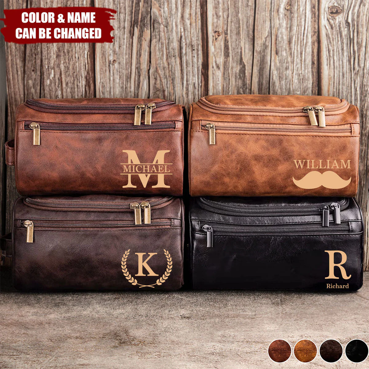 Vintage Monogram - Personalized Leather Toiletry Bag - Image 3