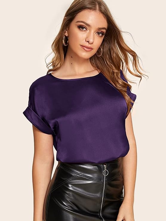 Women's Short Sleeve Satin Blouse Casual Loose Silk Tops Shirt - Image 2