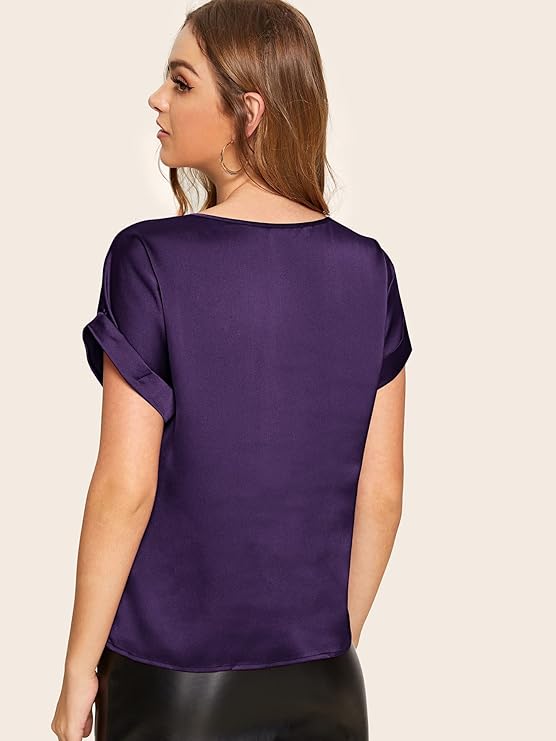 Women's Short Sleeve Satin Blouse Casual Loose Silk Tops Shirt - Image 4