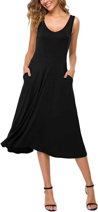 Women's Summer Casual Sleeveless Flared Midi Dress Swing T-Shirt Dresses with Pockets - Image 2