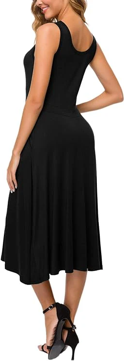 Women's Summer Casual Sleeveless Flared Midi Dress Swing T-Shirt Dresses with Pockets - Image 4