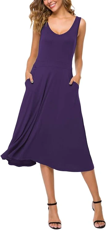 Women's Summer Casual Sleeveless Flared Midi Dress Swing T-Shirt Dresses with Pockets - Image 6