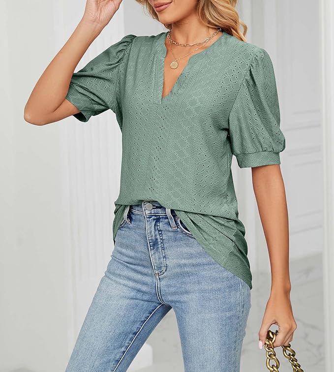Womens Summer Tops, V Neck Ruffle Sleeve Blouses, Short Sleeve Casual Tops T-Shirts - Image 3