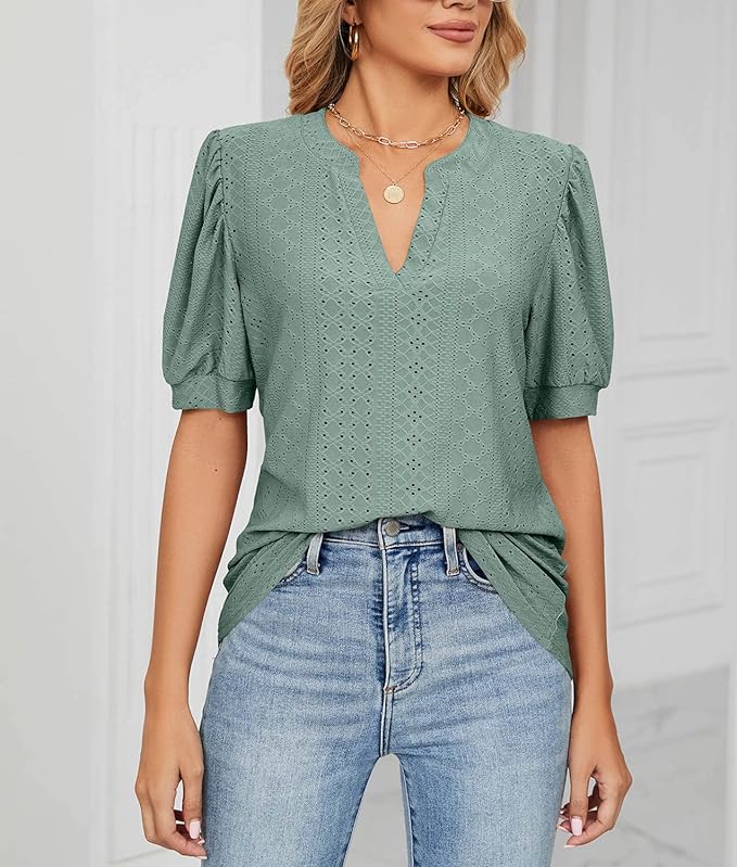 Womens Summer Tops, V Neck Ruffle Sleeve Blouses, Short Sleeve Casual Tops T-Shirts - Image 4